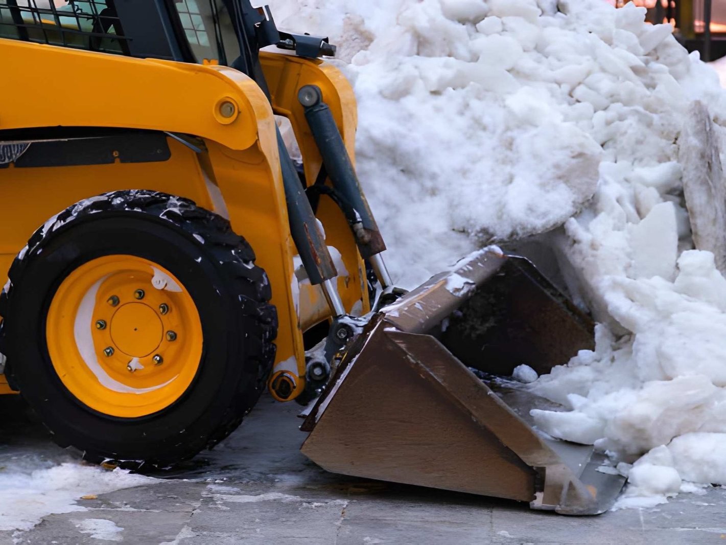 Snow removal crew clearing a residential driveway and walkway