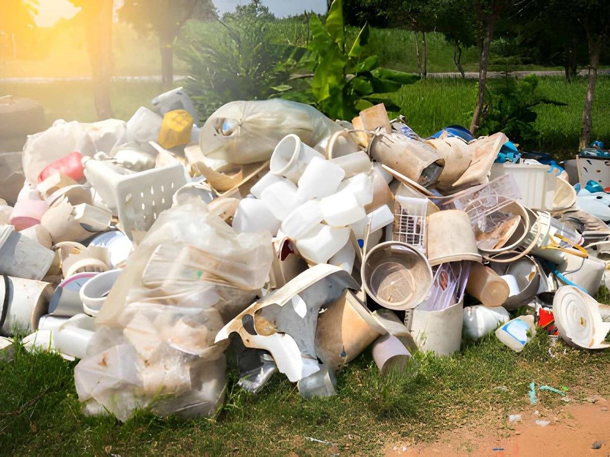 Large pile of household waste and trash on the grass