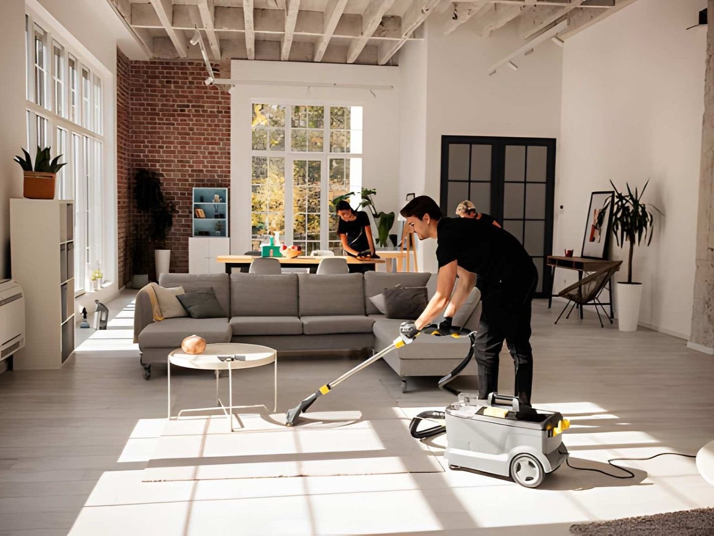 Professional residential cleaning team sanitizing a home