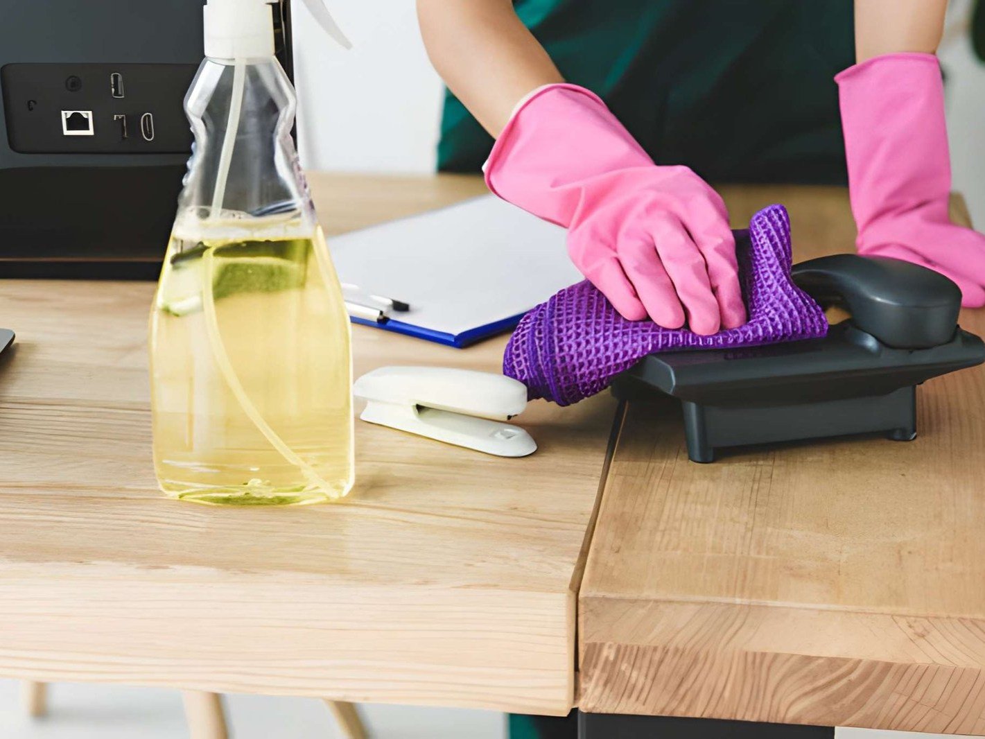 Person wearing pink rubber gloves cleaning a black phone