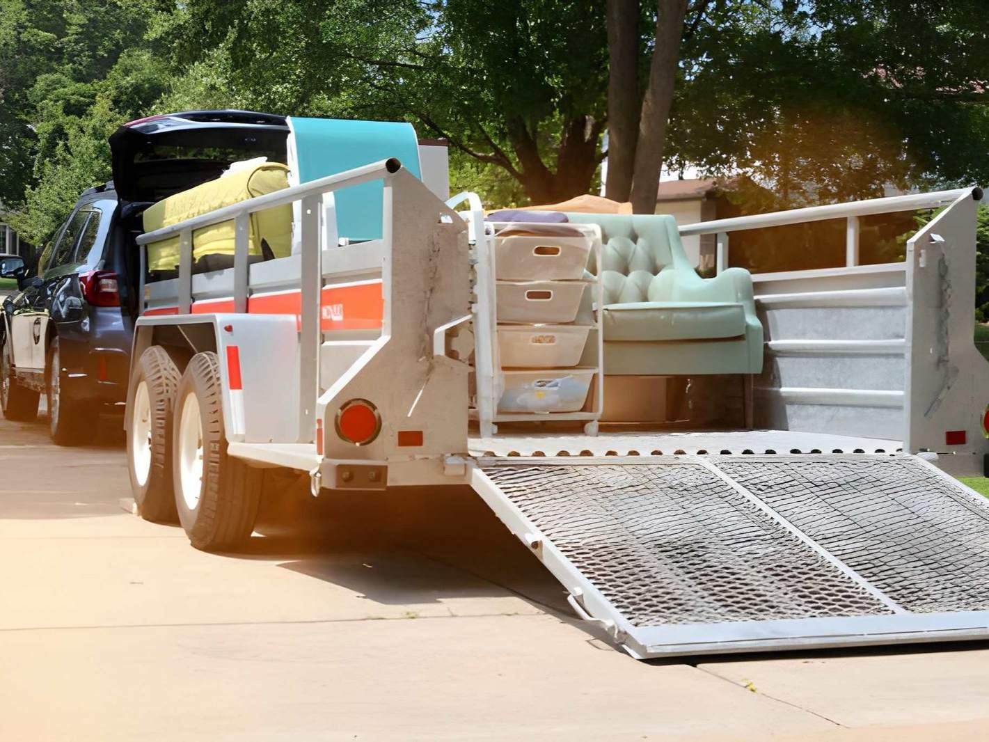 White trailer with a ramp loaded with furniture and a car
