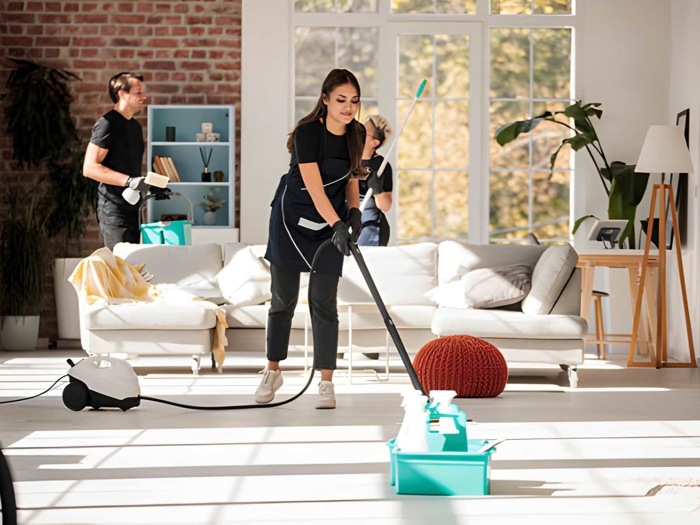 Homeasy staff member cleaning a living room floor